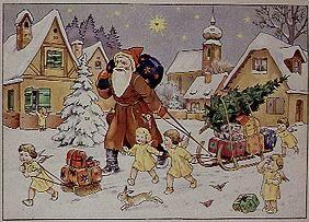Darstellung aus einem alten Advents - Kalender: Der hl. Nikolaus kommt mit seinen Gaben