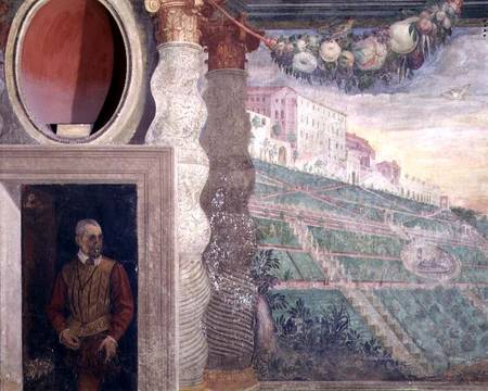 The main salon, detail of decoration depicting the Villa d'Este and a man in a doorway from Livio Agresti