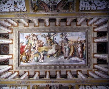 The main salon, view of the ceiling decoration depicting the Gods on Olympus with Eros and Pysche from Livio Agresti
