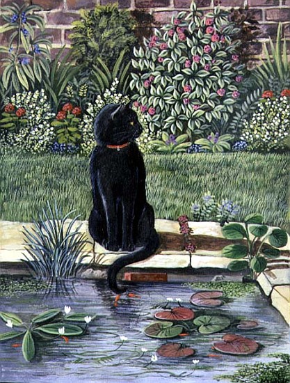 Black cat by a pond, 1983 (gouache)  from Liz  Wright