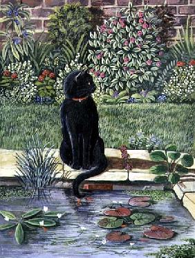 Black cat by a pond, 1983 (gouache) 
