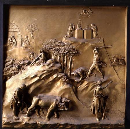 The Story of Cain and Abel: The Sacrifice, The Murder of Abel and God Banishing Cain, one of ten rel from Lorenzo  Ghiberti