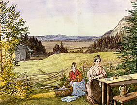 Blick über eine Hügellandschaft mit zwei Frauen an einem Tisch. from Lorenzo Quaglio d.J.