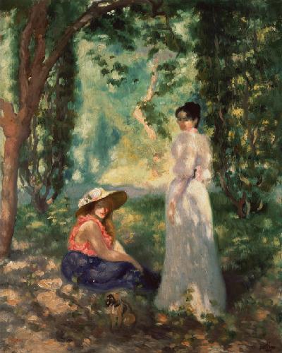 Zwei Frauen in einer Landschaft.