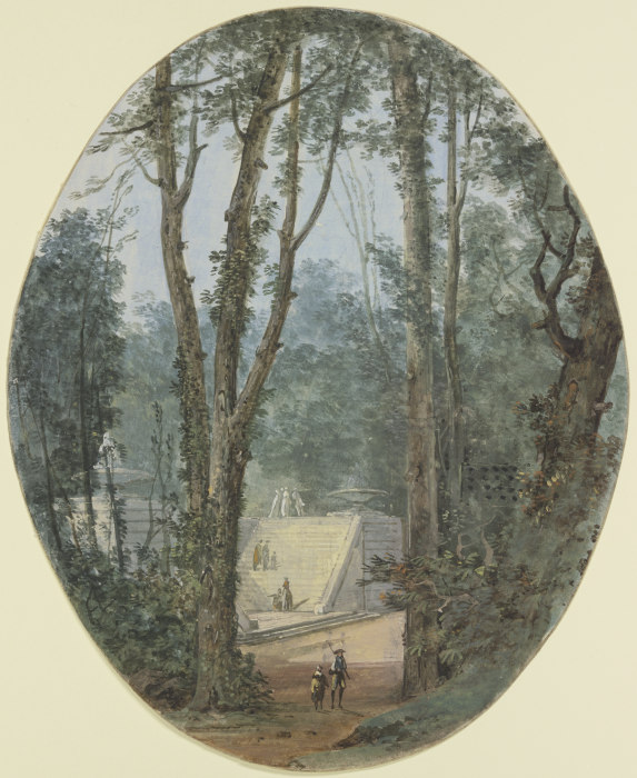 Parklandschaft mit hohen Bäumen und dem Blick auf einen Treppenanstieg im Mittelgrund from Louis Gabriel Moreau