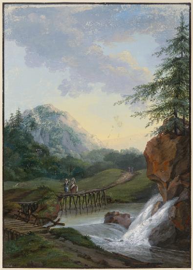 Landschaft mit einem Wasserfall und einem Steg, auf dem zwei Frauen und ein Kind gehen
