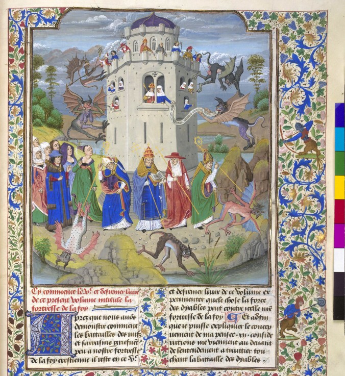 Fortress of Faith (Miniature of the Saints Gregory, Augustine, Jerome, and Ambrose fighting demons) from Loyset Liédet