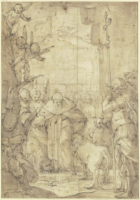 Der Heilige Hieronymus mit zwei Löwen umgeben von Heiligen und Engeln from Luca Cambiaso