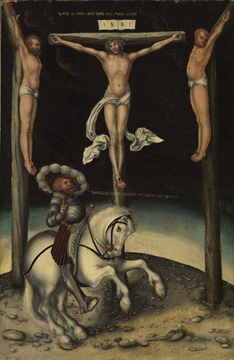 The centurion Longinus among the crosses of Christ and the two thieves from Lucas Cranach d. Ä.
