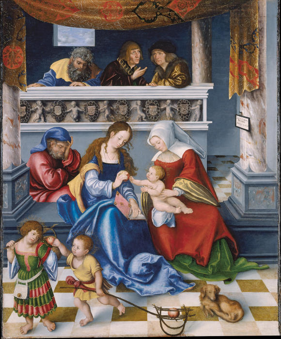 Joseph, Maria, Anna und der Jesusknabe, im Hintergrund die drei Gatten Annas: Joachim, Kleophas (mit from Lucas Cranach d. Ä.