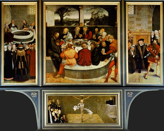 Triptych, left panel, Philipp Melanchthon performs a baptism assisted by Martin Luther; centre panel from Lucas Cranach d. Ä.