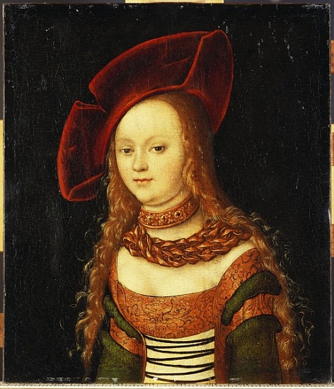 Portrait of a young girl, half length, wearing a green and gold costume with a red hat from Lucas Cranach d. Ä.