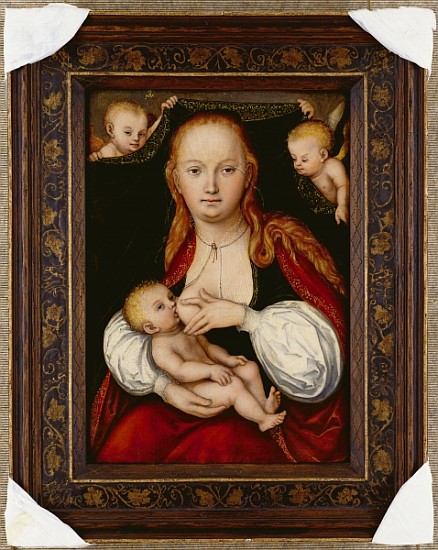 The Virgin and Child, three-quarter length, with putti holding up a curtain behind (oil on limewood  from Lucas Cranach d. Ä.
