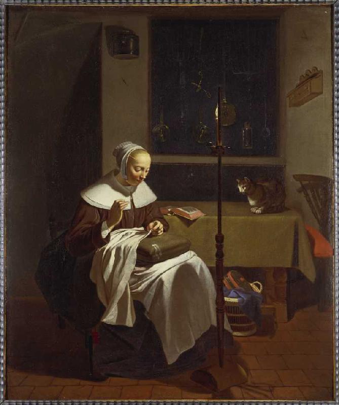 Handarbeitende Frau bei Kerzenlicht. from Ludolf de Jonge (Nachfolger)