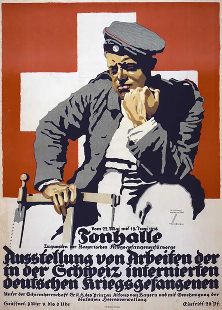 Plakat mit einer Ausstellung von Werken deutscher Kriegsgefangener, die 1918 in der Schweiz internie from Ludwig Hohlwein