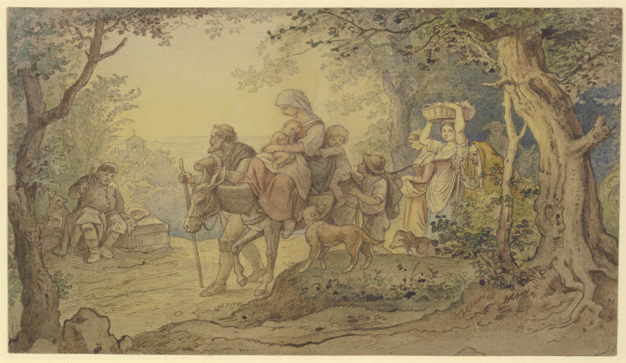 Zug italienischer Landleute, eine Frau mit zwei Kindern auf einem Esel reitend, den ein alter Mann f from Ludwig Richter