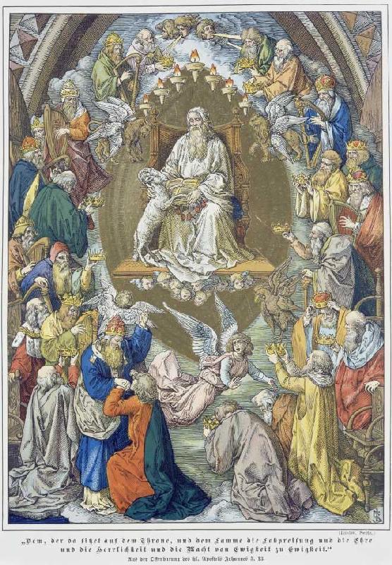 Anbetung Gottes mit dem Lamm, durch vier Lebewesen und 24 Älteste Offenbarung des Johannes,5,13. Aus from Ludwig Seitz