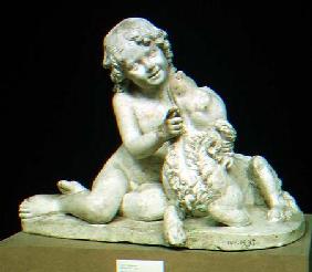 Boy playing with a dog, sculpture