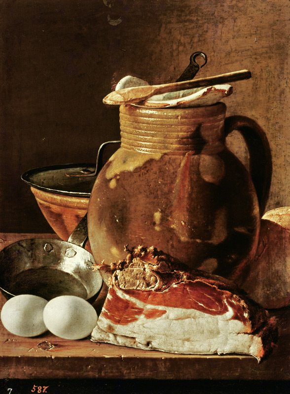 Still Life with ham, eggs, bread, frying pan and pitcher from Luis Egidio Melendez