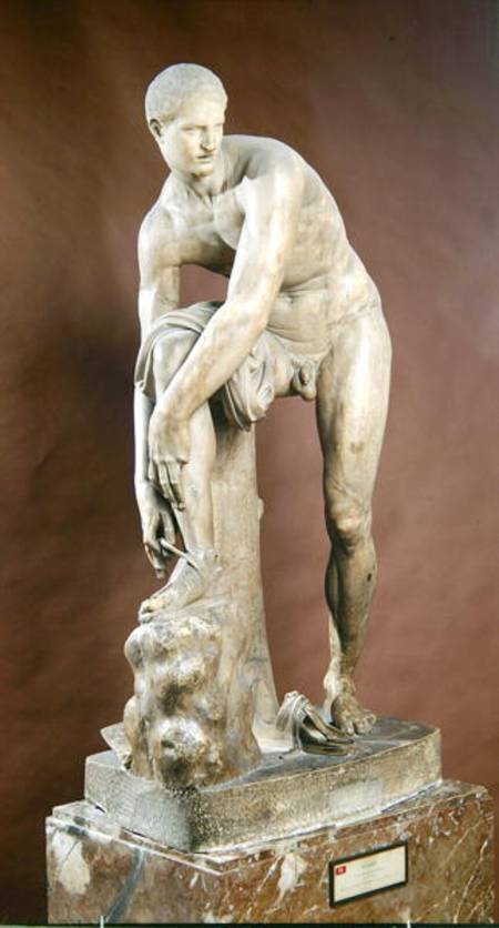 Hermes tying his sandal, Roman copy of a Greek original attributed to Lysippos from Lysippos