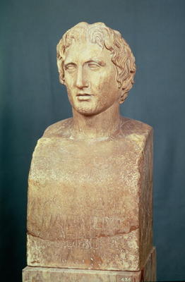 Portrait bust of Alexander the Great (356-323 BC) known as the Azara herm, Greek replica of 4th cent from Lysippos