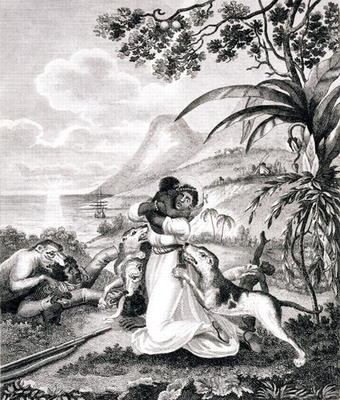 Blood Hounds attacking a Black Family in the Woods, from 'An Historical Account of the Black Empire from Marcus Rainsford