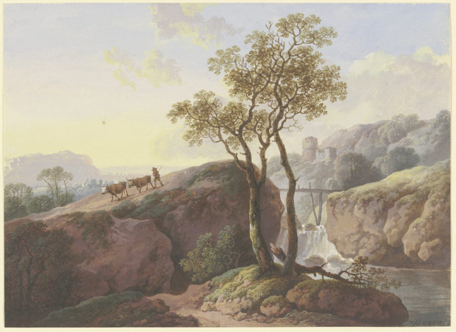Landschaft mit einem Wasserfall, über den ein Steg führt, links treibt ein Bauer zwei Kühe zu Tal, i from Maria Dorothea Wagner