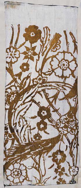 Weißer Stoff mit Blumendekor in Gold gedruckt, nach 1910