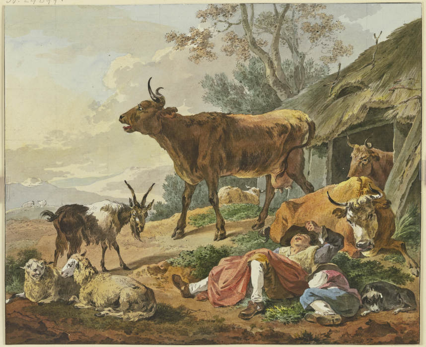 Rechts ein Stall, aus welchem zwei Kühe kommen, davor zwei schlafende Hirten mit ihrem Hund und eine from Marquard Wocher