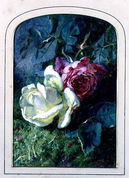 Roses and a ladybird on a mossy bank (board) from Martha Darley Mutrie