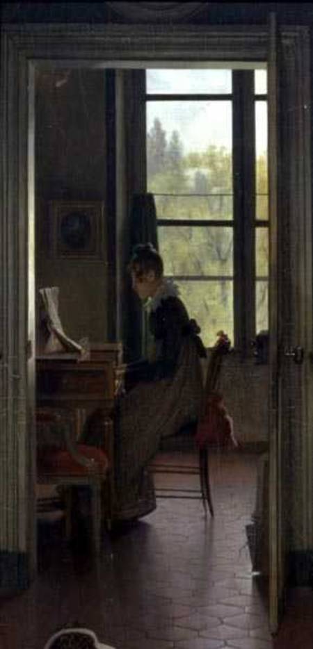Interior of a Dining Room, detail of a woman playing the piano in the next room from Martin Drolling