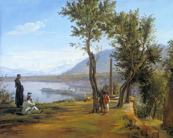 Figuren in einer Landschaft mit einer Bildsäule und einem Hafen im Hintergrund from Martinus Roerbye