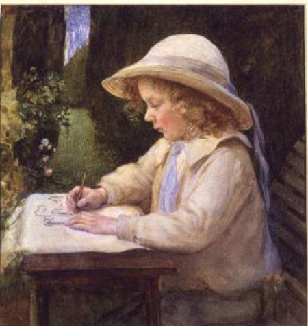 Girl drawing on a garden table (study) from Mary Lascelles Harcourt