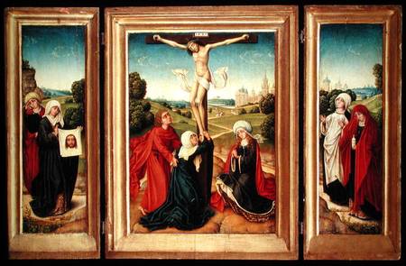 Triptych with the central panel depicting the Crucifixion with the Virgin, St. John, and Mary Magdal from Master of the Legend of St. Catherine