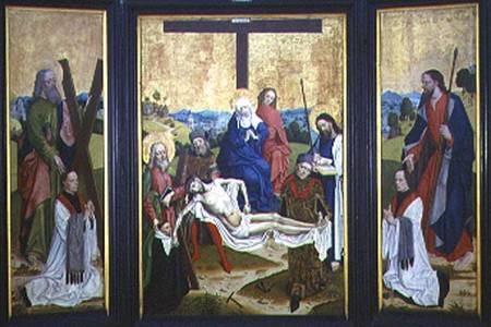 Altarpiece with a pieta and donors in centre panel; St. Andrew and St. John on the side panel from Master of the Life of Virgin Mary