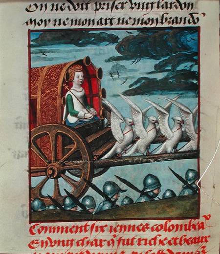 Harl 4425 f.138v Venus comes to the rescue on a chariot drawn by six white doves, Bruges from Master of the Prayer Books