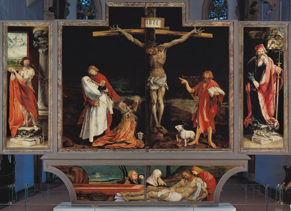 Isenheimer Altar Erste Schauseite, Totale: Die hll. Antonius und Sebastian, Kreuzigung Christi, Grab from Mathias (Mathis Gothart) Grünewald