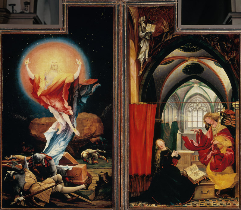 Isenheimer Altar Zweite Schauseite, rechte und linke Tafel: Auferstehung Christi, Verkündigung Maria from Mathias (Mathis Gothart) Grünewald