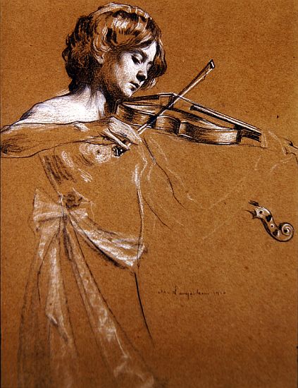 Young Girl Playing a Violin with Bared Breasts from Maurice Langaskens