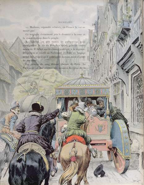 Assassination of Henri IV by Francois Ravaillac in the rue de la Ferronerie on 14th May 1610, c.1900 from Maurice Leloir