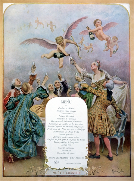 Ritz Restaurant menu, depicting a group of elegant 18th century men and women drinking champagne ser from Maurice Leloir