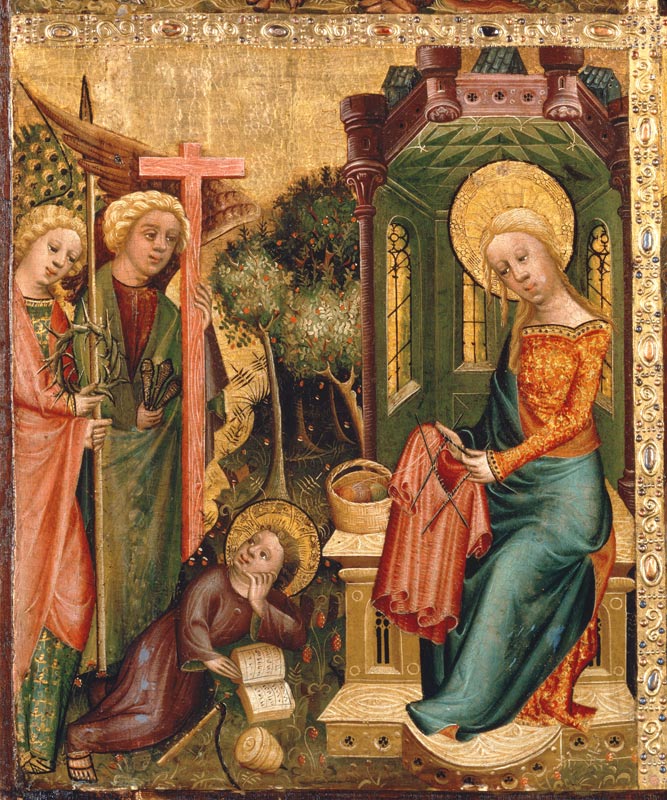 Buxtehuder Marienaltar Besuch der Engel bei Maria, die den Rock Christi strickt from Meister Bertram