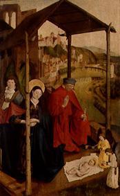 Maria und Joseph in Verehrung vor dem Jesuskind. from Meister der Landsberger Geburt Christi