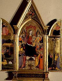 Movable-Triptychon Madonna mit Kind und Heiligen, auf den Flügeln Geburt und Kreuzigung Christi