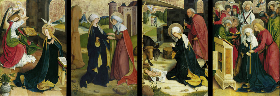 Pfullendorfer Altar: Verkündigung an Maria, Heimsuchung, Geburt Christi, Marientod from Meister des Pfullendorfer Altars