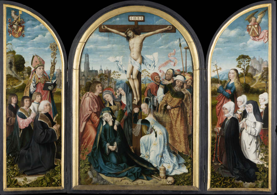 Kreuzigungstriptychon mit den Stiftern Nikolaus Humbracht (gest. 1504) und Greda Brun, geb. Faut von from Meister von Frankfurt