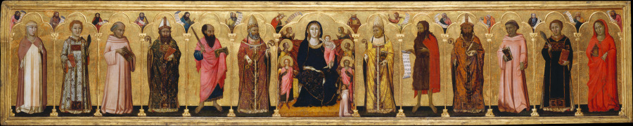 Thronende Madonna mit Kind, Engeln, zwölf Heiligen, Propheten und Stifter from Meo da Siena