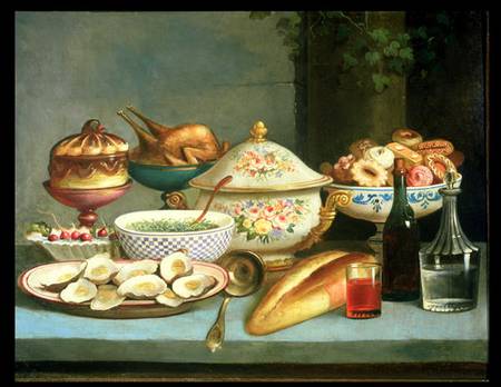 Still life with Soup and Oysters from Mexican School