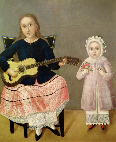 Young Girl with a Guitar and Child with a Bouquet from Mexican School