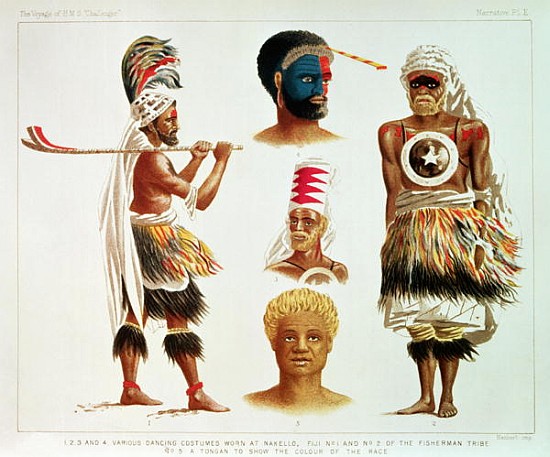 Various Dancing Costumes Worn at Nakello, Fiji, illustration from ''The Voyage of H.M.S. Challenger' from Michael Hanhart